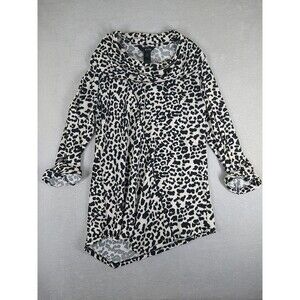 Ali Miles Tunic Top Size Medium Black White Animal Print Cowl neck Roll tab slv